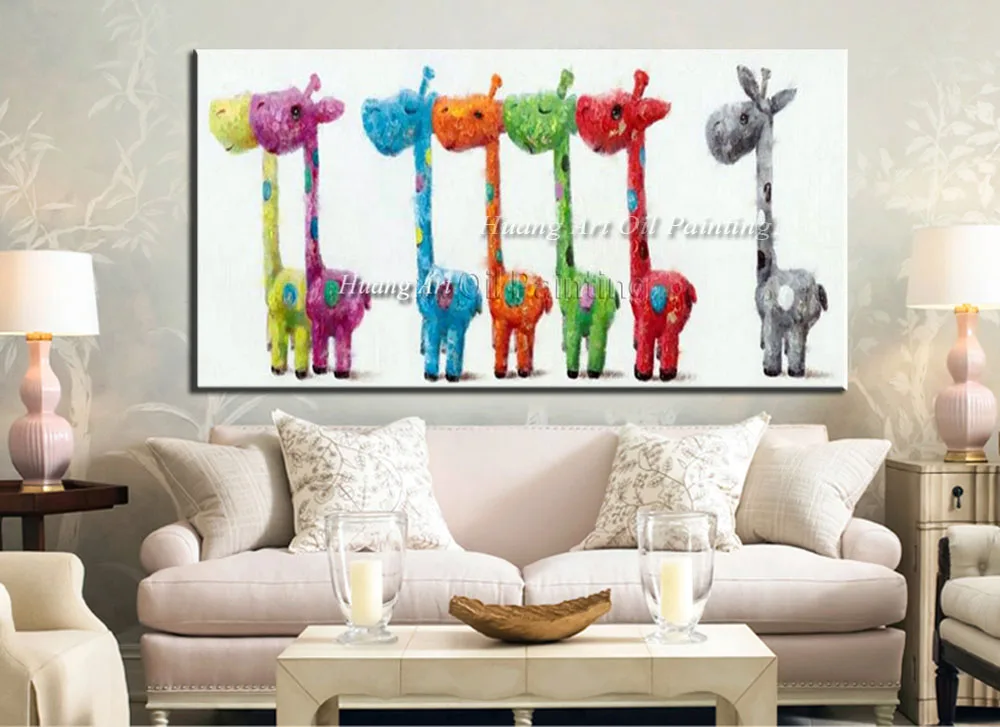 Handmade Lovely 7 Giraffe Oil Painting Children Room Decor Wall Painting On Canvas Modern Colorful Rainbow Cartoon Animals