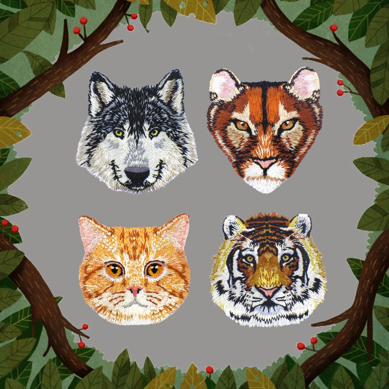 Ahyonniex 1pc floresta gato tigre leopardo lobo animal tecido remendo vestuário bordado roupas adesivo diy acessórios de roupas