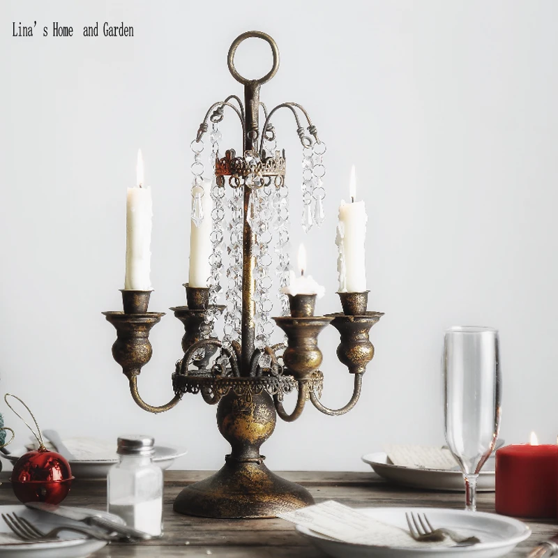 

4 arms antique vintage golden metal candle holder crystal candelabra
