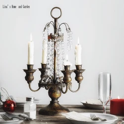 4 arms antique vintage golden metal candle holder crystal candelabra
