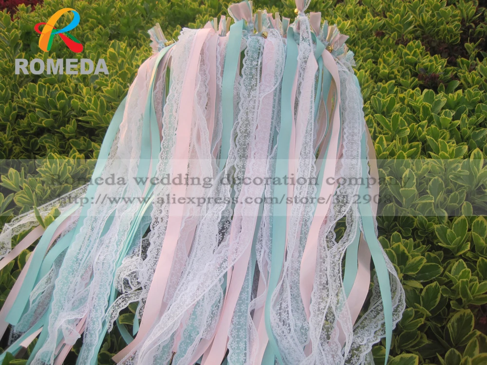 

Style D New Arrived 3 Ribbons stick lace wedding wands Pink & Mint Ribbon Birthday Party ,christmas ribbon Sparklers