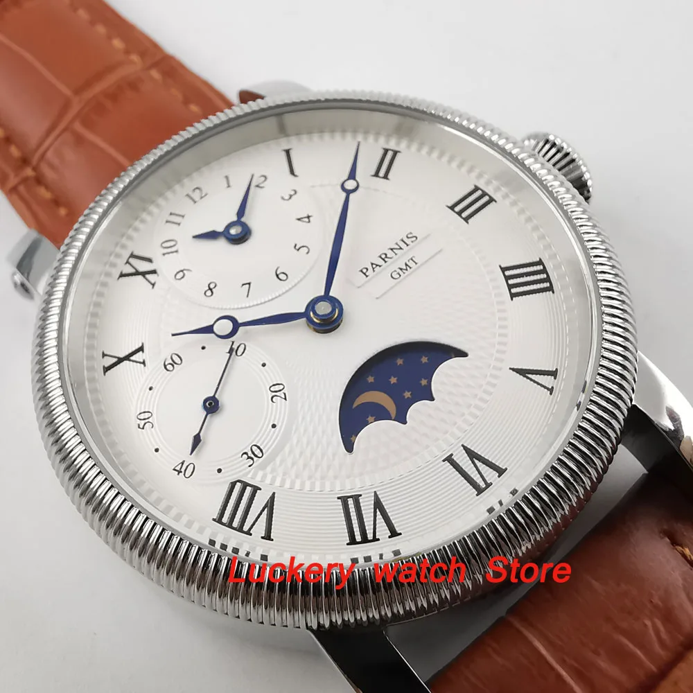 Parnis 43mm trắng mặt trắng dây da nâu Pha Mặt Trăng GMT Cơ tay gió phong trào nam watch-PM06