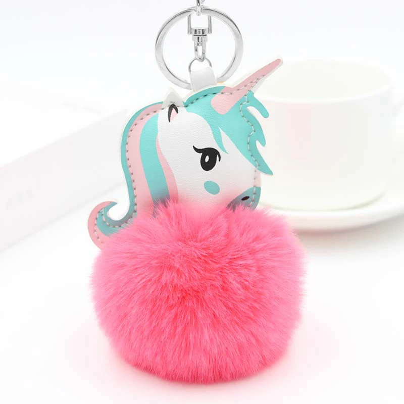 Cute Girls Fluffy Fur Pompon Unicorn Keychain Women Rabbit Fur Ball Pom Pom Horse Key Chain On Bag Car Trinket Female Party Gift