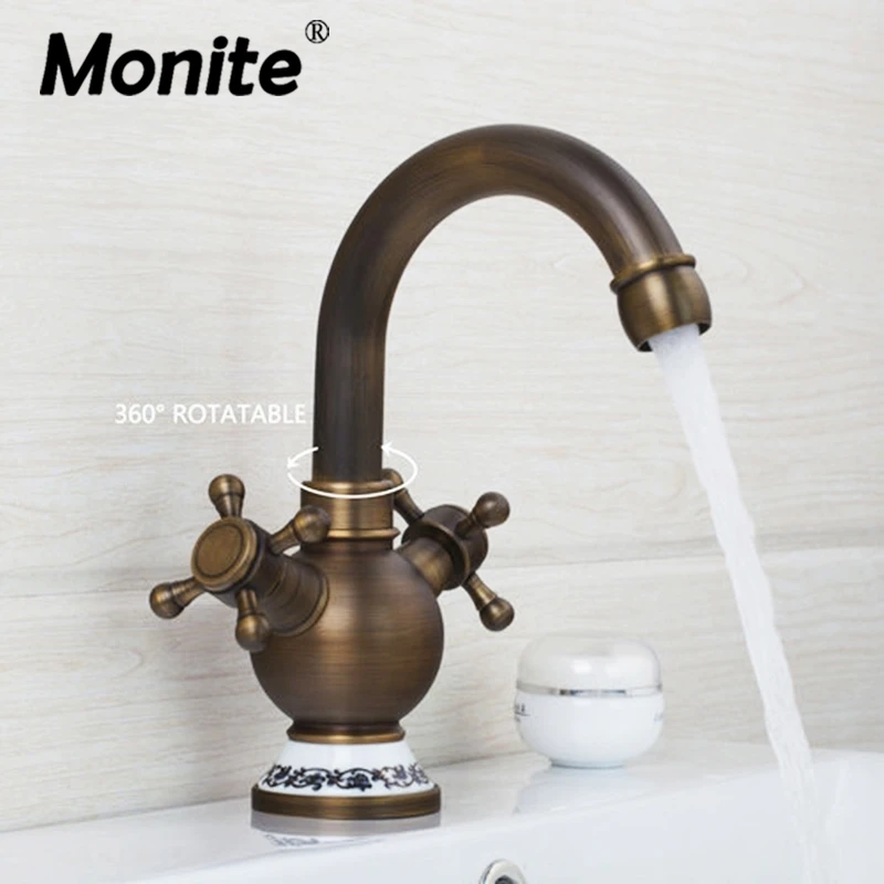 Monite New Double Handles Vintage Kitchen Faucet Antique Brass Swivel 360 Deck Mounted Ceramic Base Sink Mixer Tap Faucet