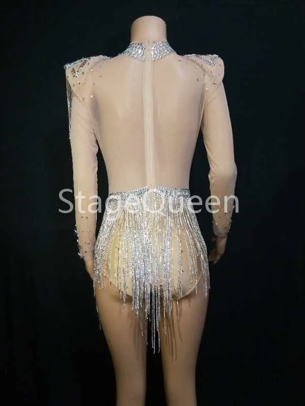 Fashion Shining Big Crystals Mesh Bodysuit Sparkly Rhinestones Chains Fringes Outfit Nightclub Party Wear See Through Costume