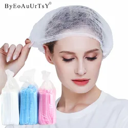 Chapeau de bain non tissé en maille élastique plissée au poulet, bonnet de douche transparent, anti-poussière, extension de cils, 100 pièces