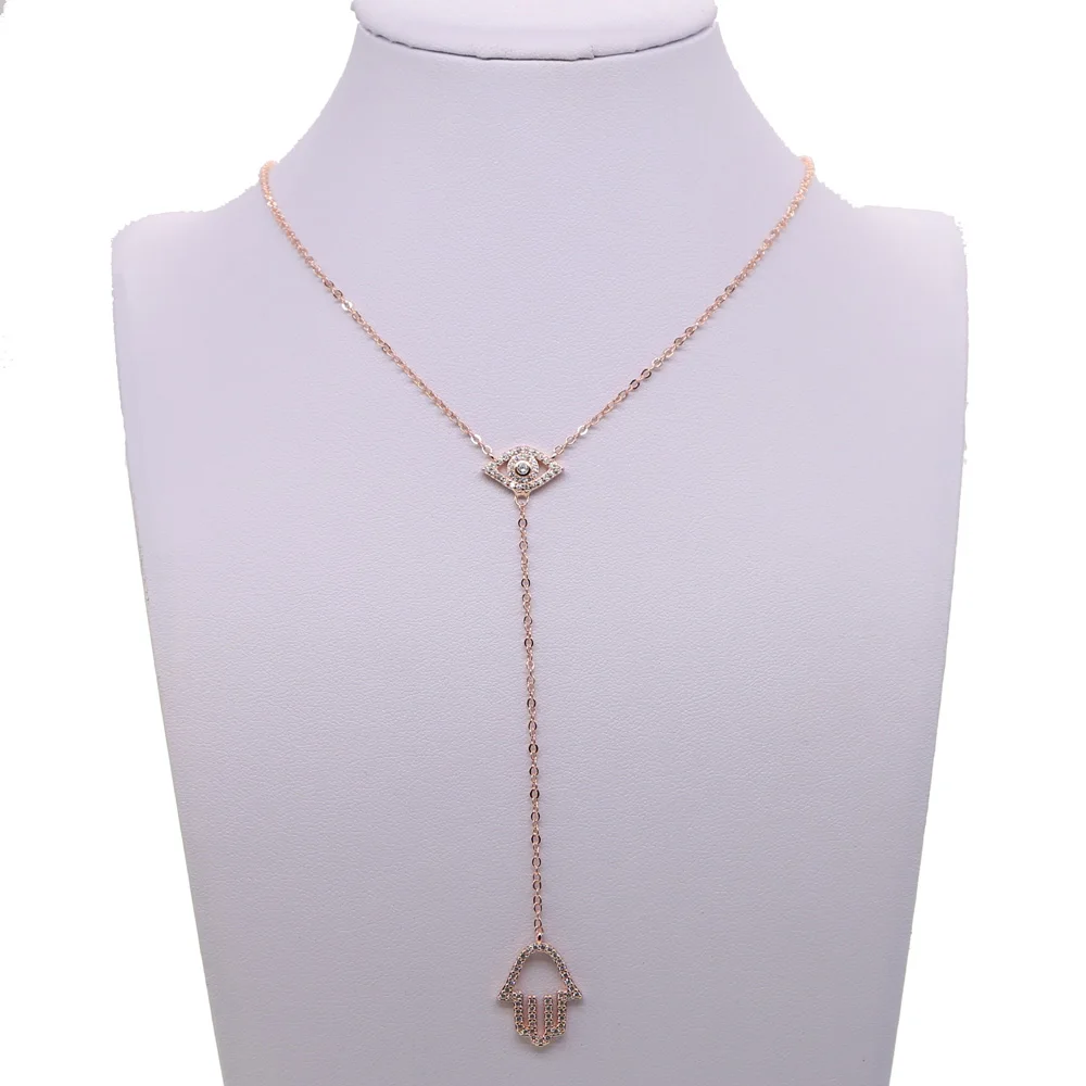 fashion jewelry turkish evil eye hamsa hand pendant micro pave clear cz Lariat Y shape Gold color stunning women necklace