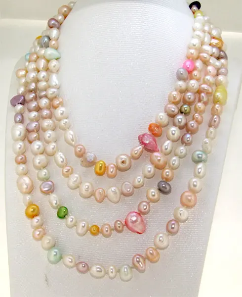 Perfect Women's Pearl Jewelry, Charm Luster 64inches 6-7mm Mixcolor Freshwater Cultured Pearl Beads Necklace Knotted Jewelry.