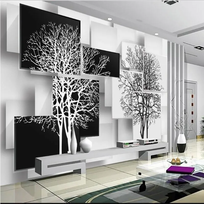 

wellyu Custom large fresco simple black and white tree 3D TV backdrop environmental wallpaper papel de parede para quarto