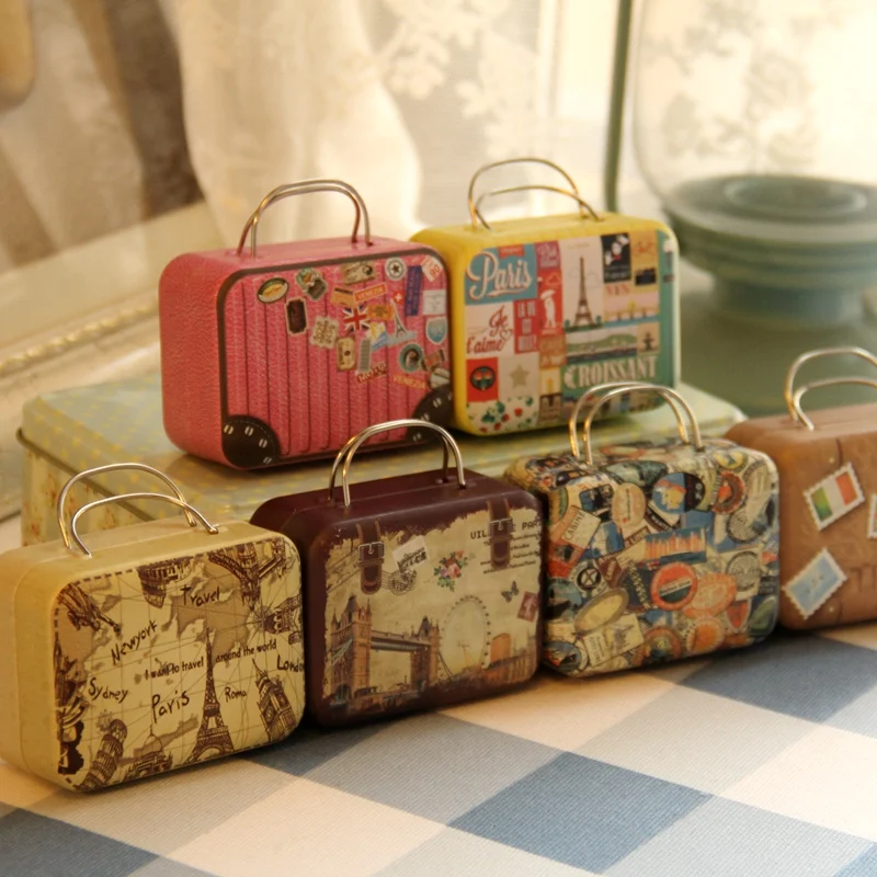 Continental Mini Storage Tin Box, Retro Suitcase Handbag, Rectangular Candy Box, Iron Container, Wedding Favor