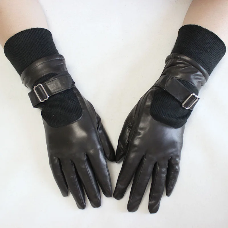 Winter Warm Goatskin Leather Gloves Women\'s Fleece Lined Extended Ribbed Cuffs Wind and Cold Resistant Split Finger Gloves