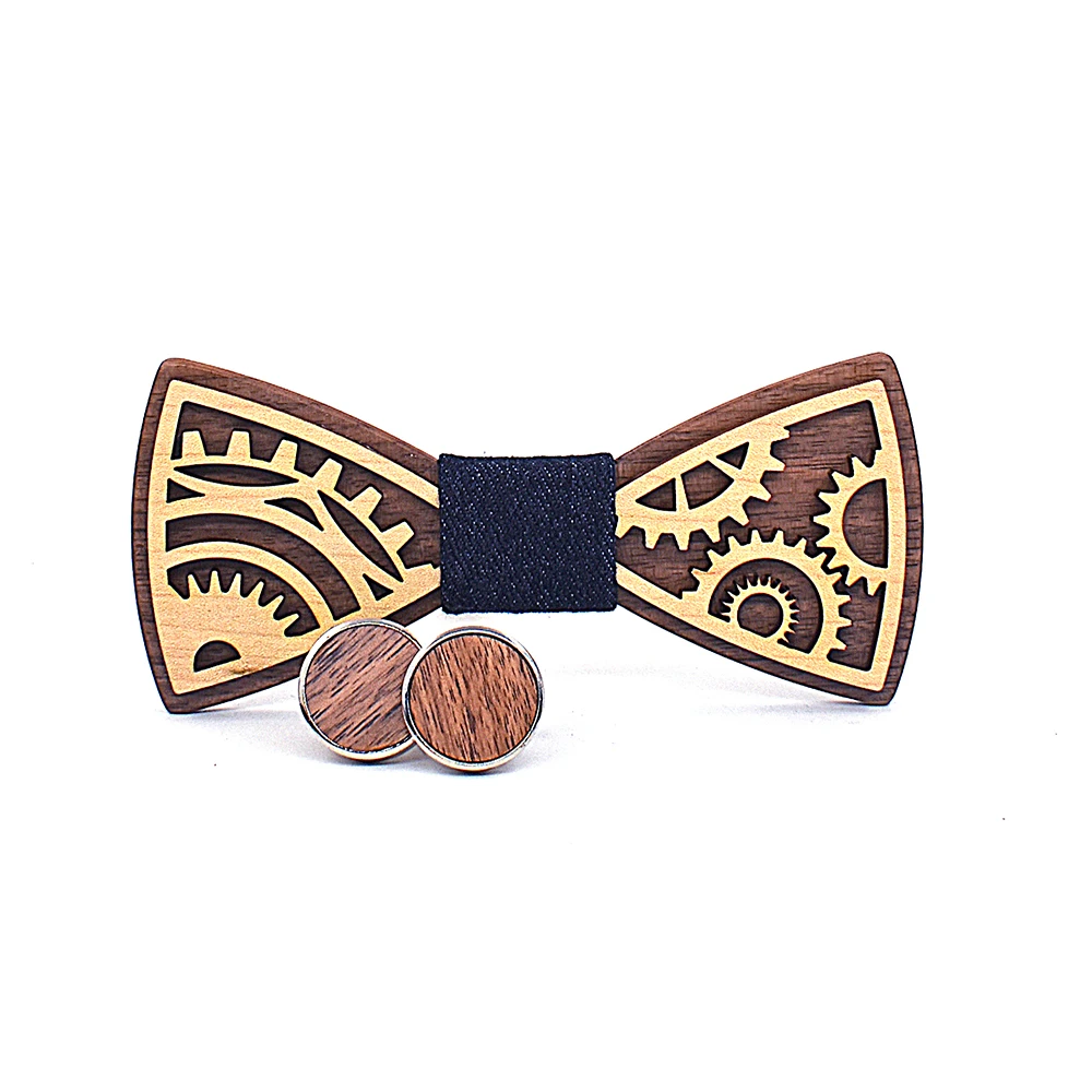 New design Gear wheel Wooden Bow Tie Men\'s Wood Bowtie Cufflinks Set Brand Business Neckties Cuff Links for Wedding Groom