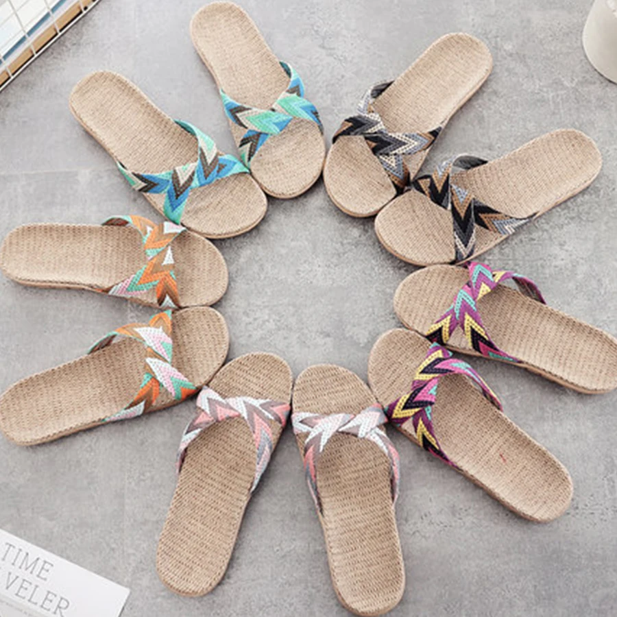 LCIZRONG Summer 13 Colors Flax Home Slippers Women 35-45 Large Size Slapping Beach Flip Flops Non-slip Unisex Family Slippers