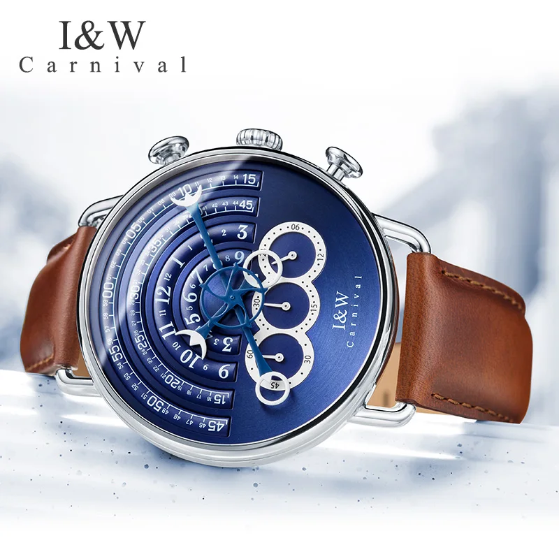 Carnival IW luxury brand runway Unique design watches men chronograph stop watch clock leather strap relogio saat reloj montre