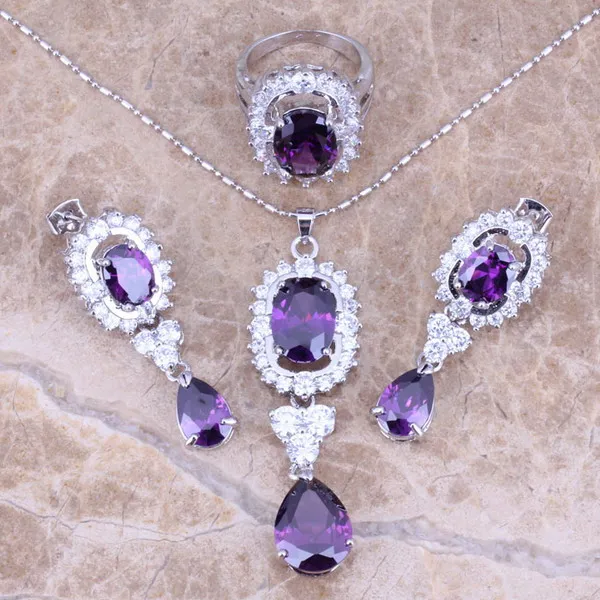 Purple Cubic Zirconia White CZ Silver Plated Jewelry Sets Earrings Pendant Ring Size 6 / 7 / 8 / 9 / 10 S0046