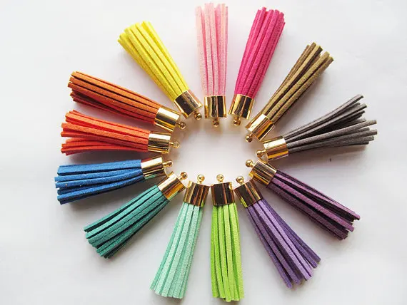 Free Shipping 10Pcs 56mm Mixed Suede Leather Jewelry Tassel For Key Chains/ Cellphone Charms Top Plated End Caps Cord Tip