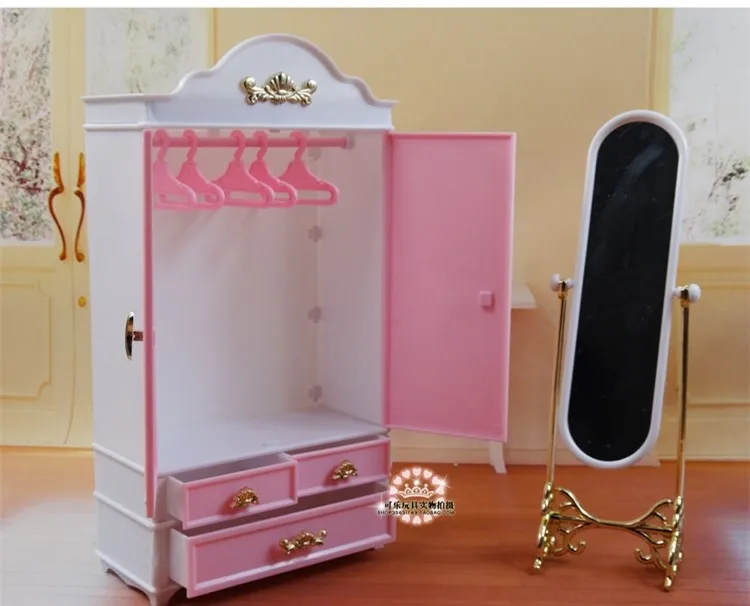 Hot selling baby toys house accessories doll mini furniture sets wardrobe+moirror+hanger for barbie doll for kurhn doll