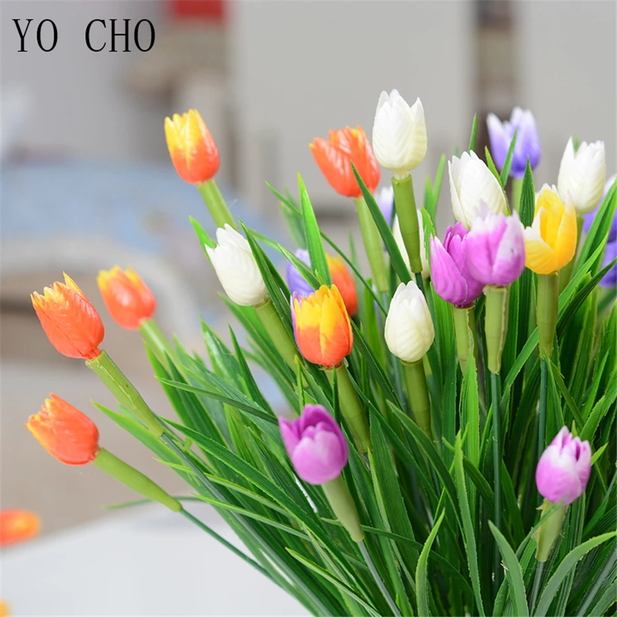 YO CHO Artificial Flowers Tulip Bonsai Wedding Home Decoration Spring Grass Plastic Tulip Plante Fake Flowers Mini White Flowers