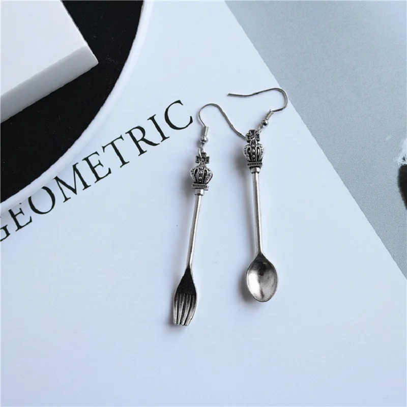 Vintage Silver-color Creative Interesting Earrings For Women Spoon Fork Triangle Ruler Scissors Pendant Earrings Charm Jewelry