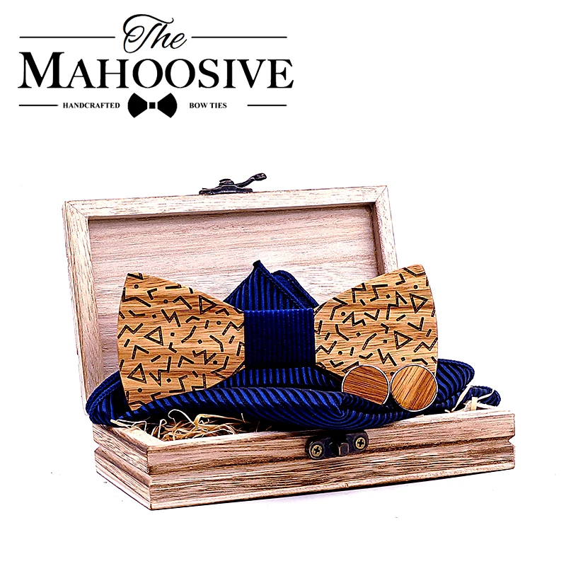 Mahoosive Wood Bow Tie Gentle men Wooden Bow Ties Set Gravatas Corbatas Butterfly Cravat For Men Wood Ties handkerchief cufflink