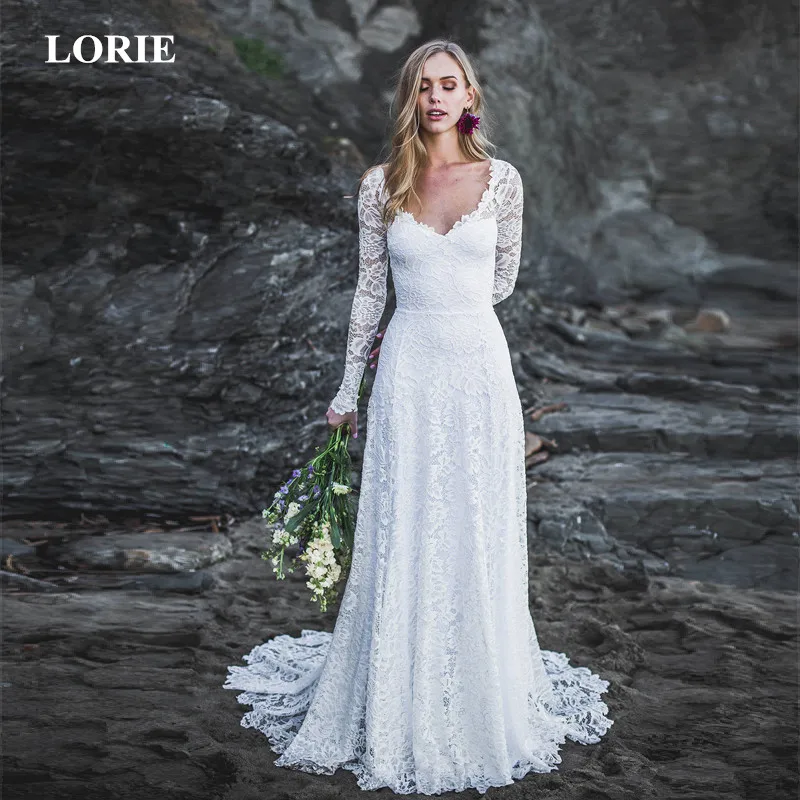 LORIE Wedding Dress 2024 Open Back Scoop neckline, Long Sleeve Wedding Dress, Lace Sleeves, Low Back Wedding Dresses