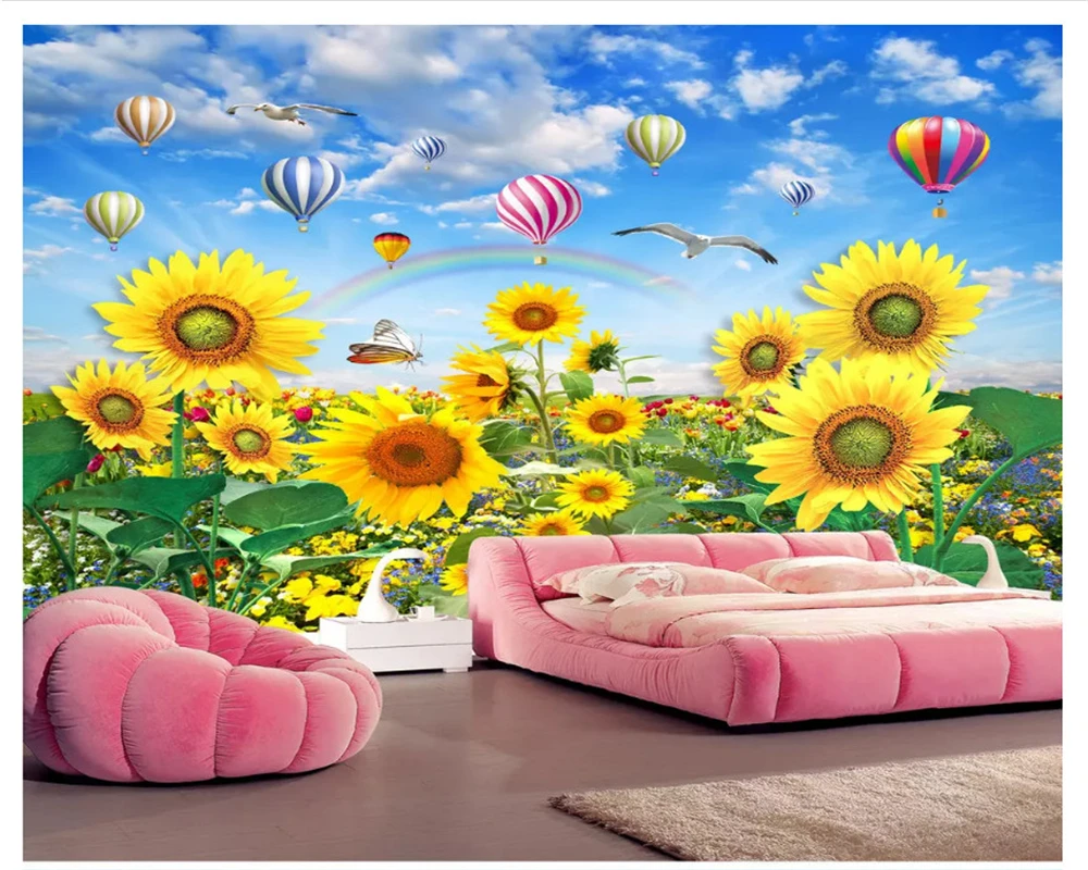 

beibehang Golden yellow senior wallpaper sunflower smiling beautiful flowers sunshine rainbow TV background wall papel de parede