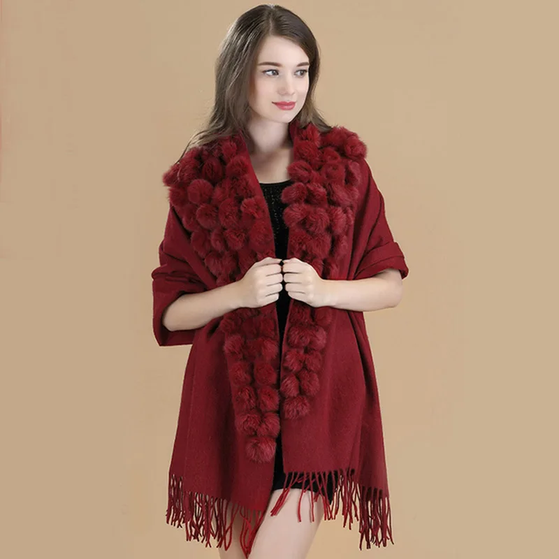 New Burgundy High Quality Women\'s 100% Wool Rabbit Fur Balls Pashmina With Fine Tassel Thick Shawl Scarf Warm Fashion Wool Shawl