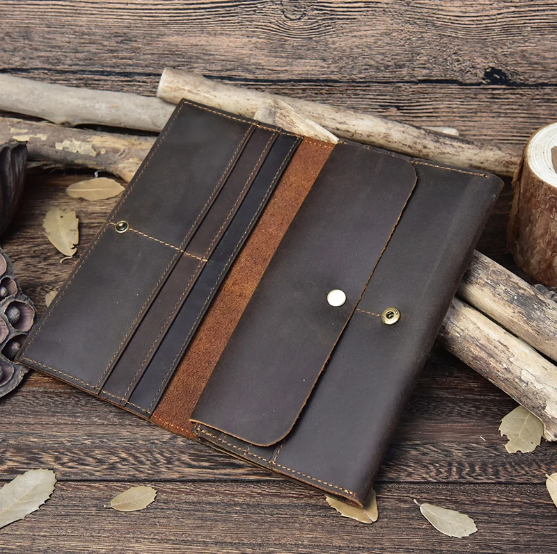100% Guarantee Crazy Horse Leather Wallet Genuine Leather Long Wallet Men Purse Casual Wallet with big phone pocket,long wallet