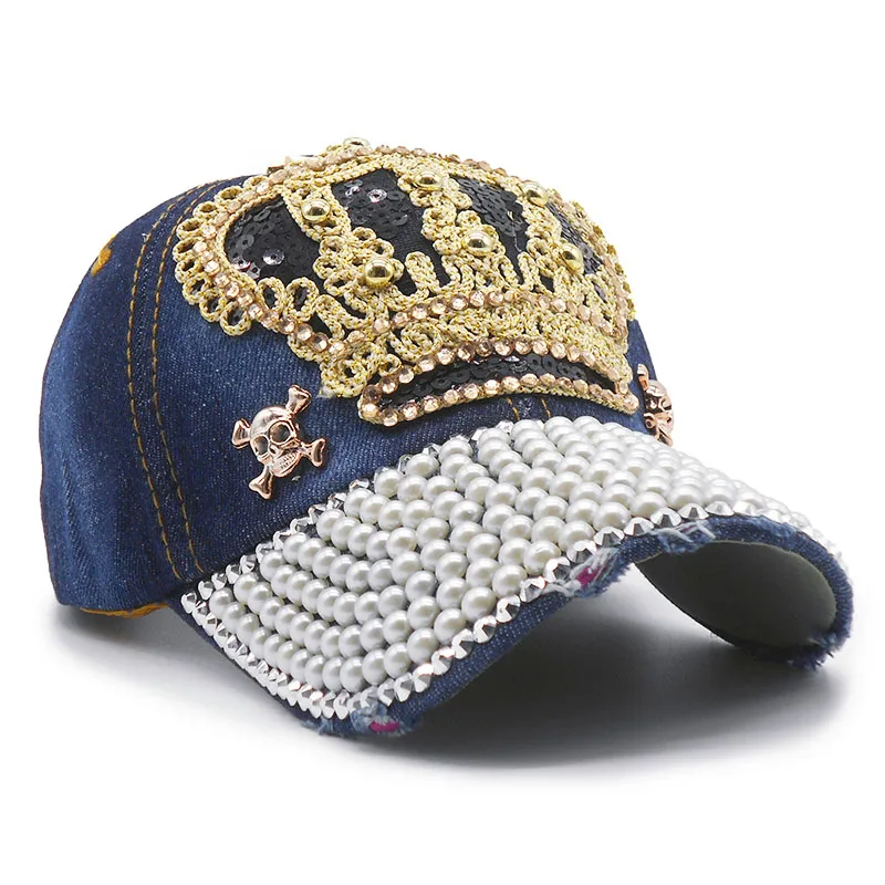 Luxury Women Baseball Cap Brand Bling Crown Pearl Sequins Hip Hop Cap Vintage Denim Snap Back Design Cap Casual Snapback Hat New