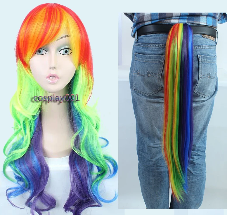 Kucyk Rainbow Dash peruka do Cosplay 65cm długości kręcone faliste żaroodporne syntetyczne peruki do włosów + czapka z peruką