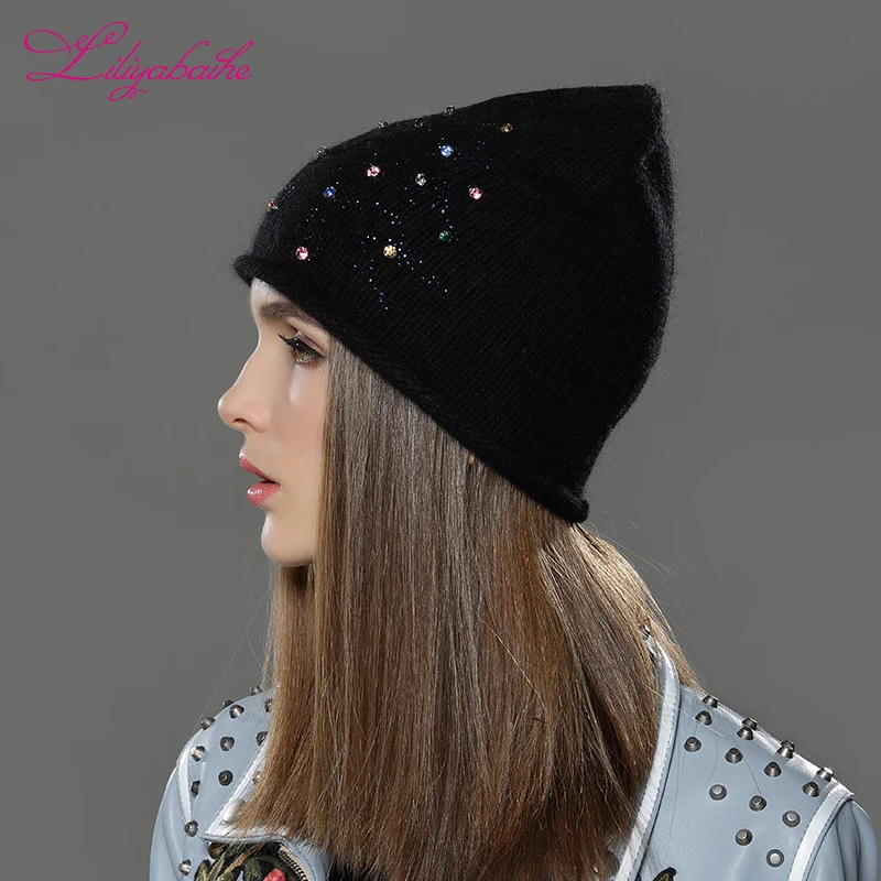 LILIYABAIHE Women Autumn And Winter Hat angora Knitted Skullies Beanies Cap Classic color diamond decoration hats for Girls