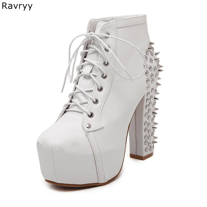 Lace Up White Woman\'s ankle boots Long Rivet Model Show Fun Club Party Motorcycle short Boots Female Shoes Platform Thick Heel