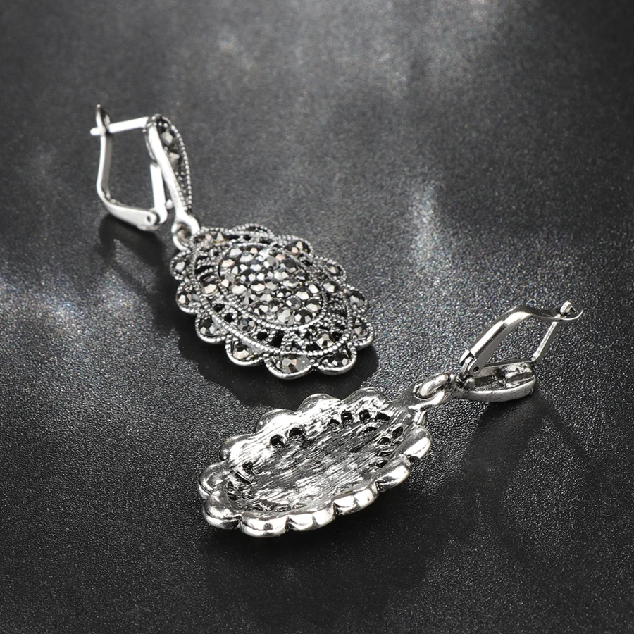 Kinel Hot Gray Crystal Drop Earrings Fashion Jewelry For Women Silver Color Hollow Petals Vintage Wedding Jewelry Wholesale