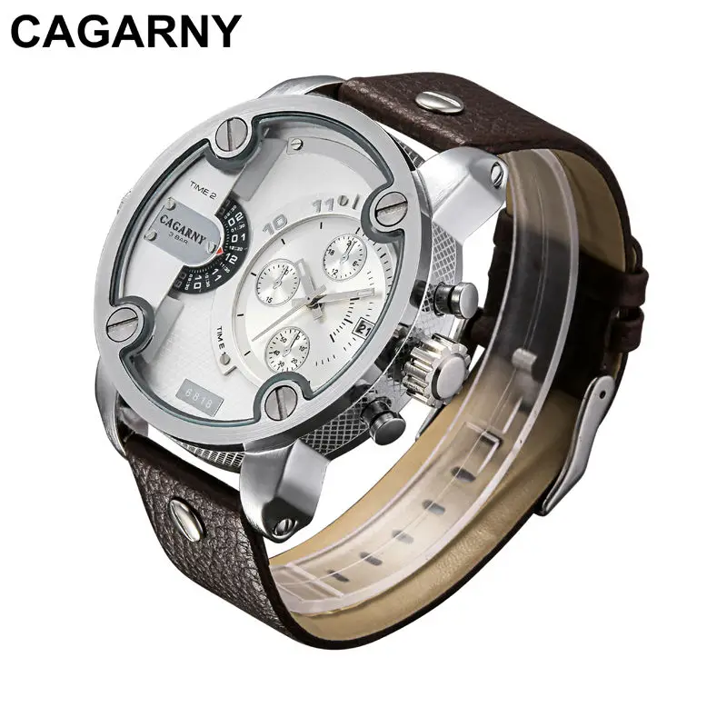 

Cagarny Brand Quartz-Watch Men Casual Men's Watches Sport Quartz Wrist Military Watch Man Dual Time Zone Clock Leather Watchband