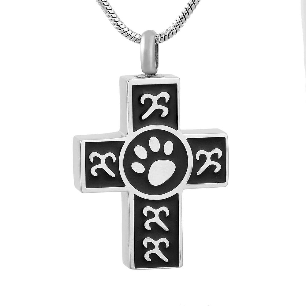 Animal Paw Print On My Cross Stainless Steel Cremation Urn Necklace Pet Memorial Urn Jewelry Ashes Holder Keepsake Pendant