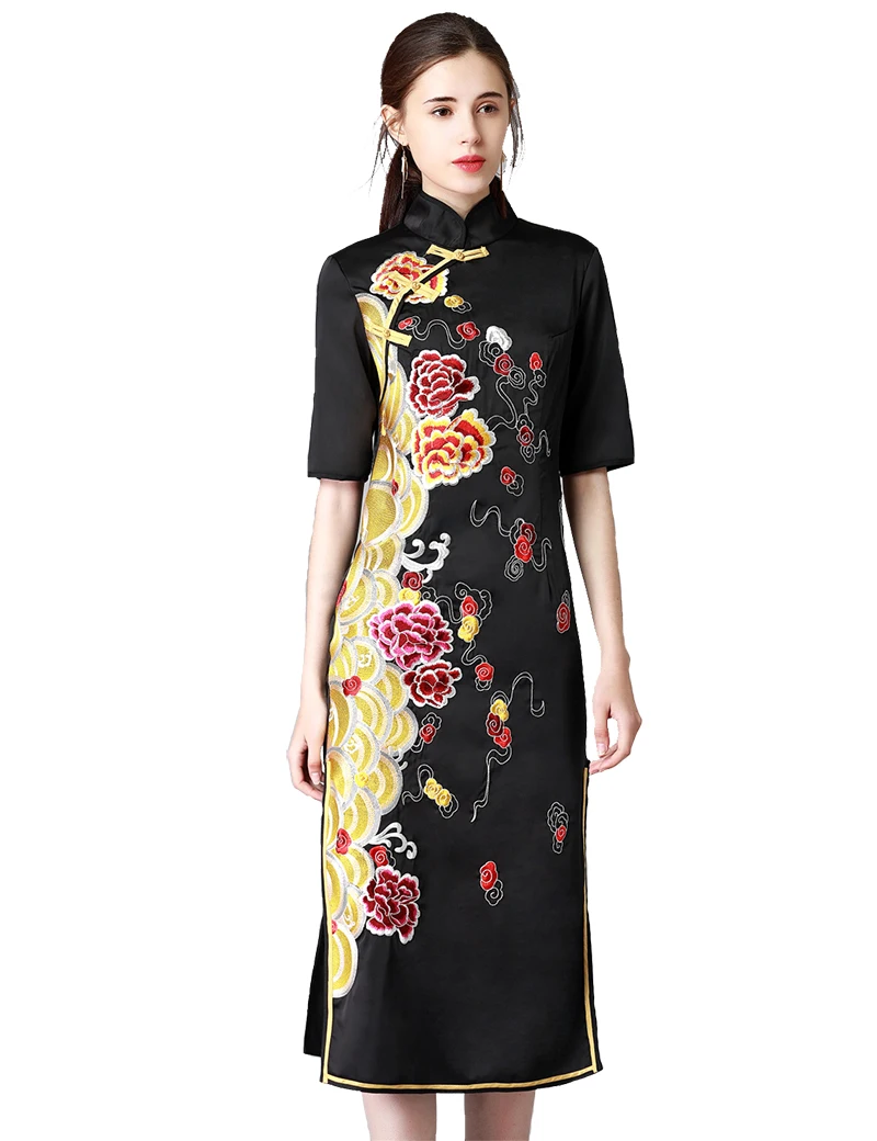 

Vintage Embroidery Women Sheath Dress Half Sleeve Split Dresses 01K605B