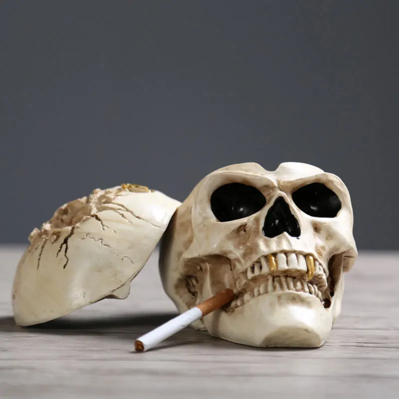 Skeleton Smoking Ashtray Statue Halloween Home Desk Decoration Horror Resin Skull Cigarette Ash Tray Portable Gift