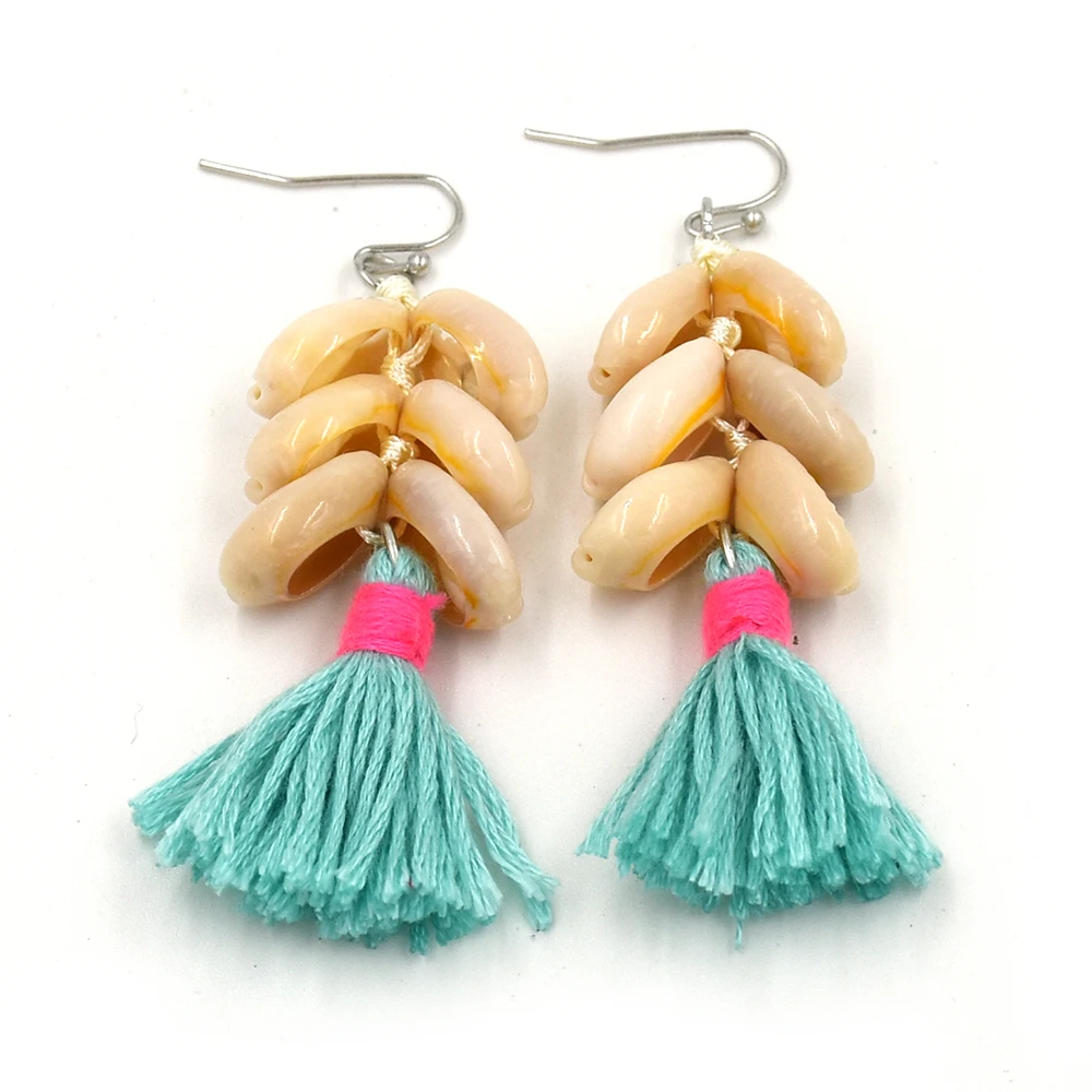 New Handmade Dangle Earrings With Cotton Tassel Summer Sea Beach Bohemian Multi Color Fluorescence Shell Charm Earrings