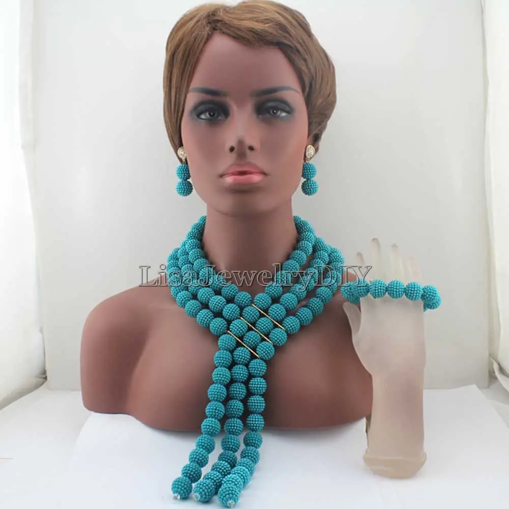 

New Long Lake Blue Findings Plastic Pearl Necklace Nigerian Traditional Wedding African Beads Jewelry Set HD8003