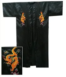 Hot Sale Black Chinese Men's Satin Silk Embroidery Robe Kimono Bath Gown Dragon Size S M L XL XXL XXXL Free Shipping S0103-A