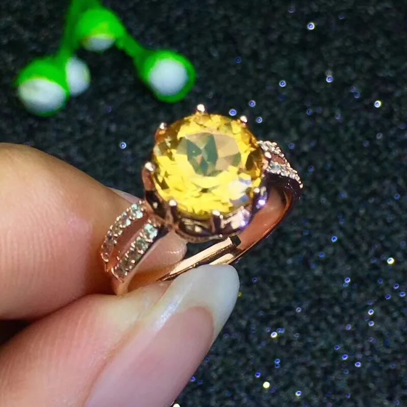 Natural real citrine Ring 925 sterling silver Fine yellow crystal jewelry Handworked jewelry  Gem Size 9mm