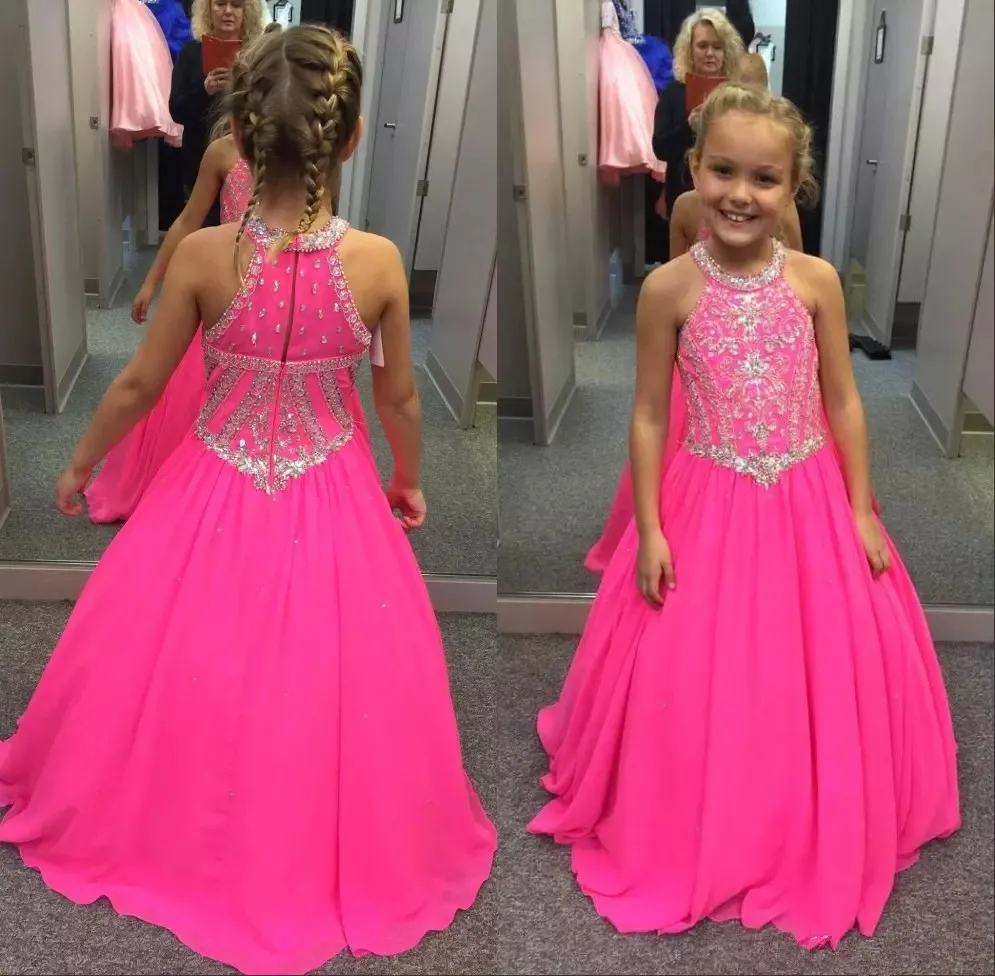 2020 fúcsia little girls pageant vestidos frisados cristais uma linha cabresto pescoço crianças criança flor baile de formatura vestidos de festa para casamentos