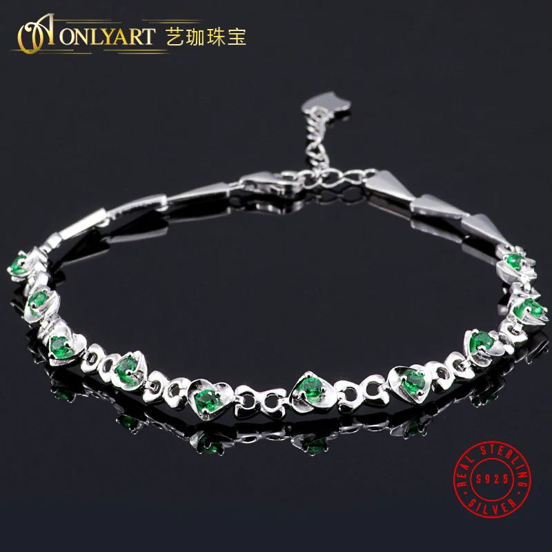 

6.5inches luxirous Sterling silver jewelry emarald CZ Stone link Chain bangle 100% S925 heart charm bracelets women