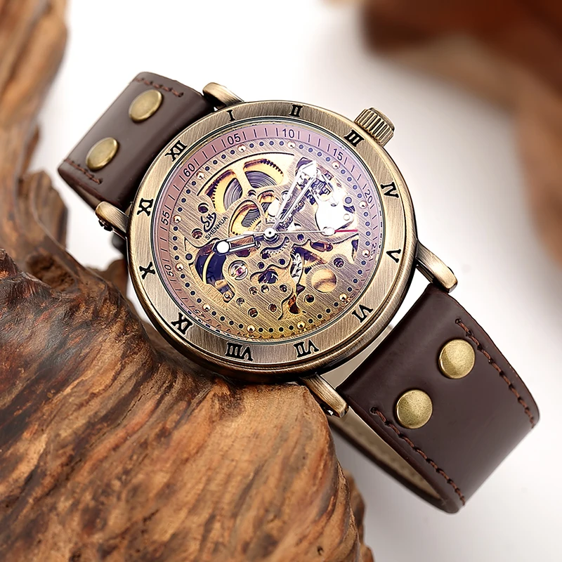 Retro Hollow Skeleton Automatic Mechanical Watches Men\'s Steampunk Bronze Leather Brand Unique Self-wind Mechanical Wristwatches