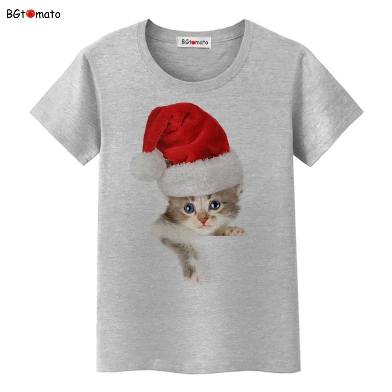 Christmas hat little kitten T-shirt women lovely pets summer new Shirts Good quality brand casual Tops Tees