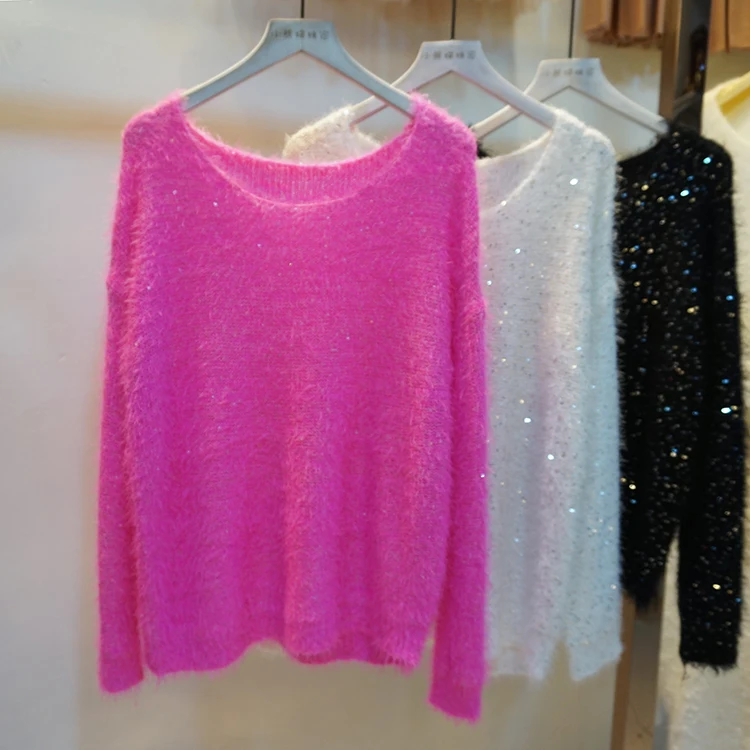 Cakucool-Pulls à paillettes pour femmes, manches longues, grand col rond, pull en cheveux de vison, pull en tricot embelli décontracté, chaud