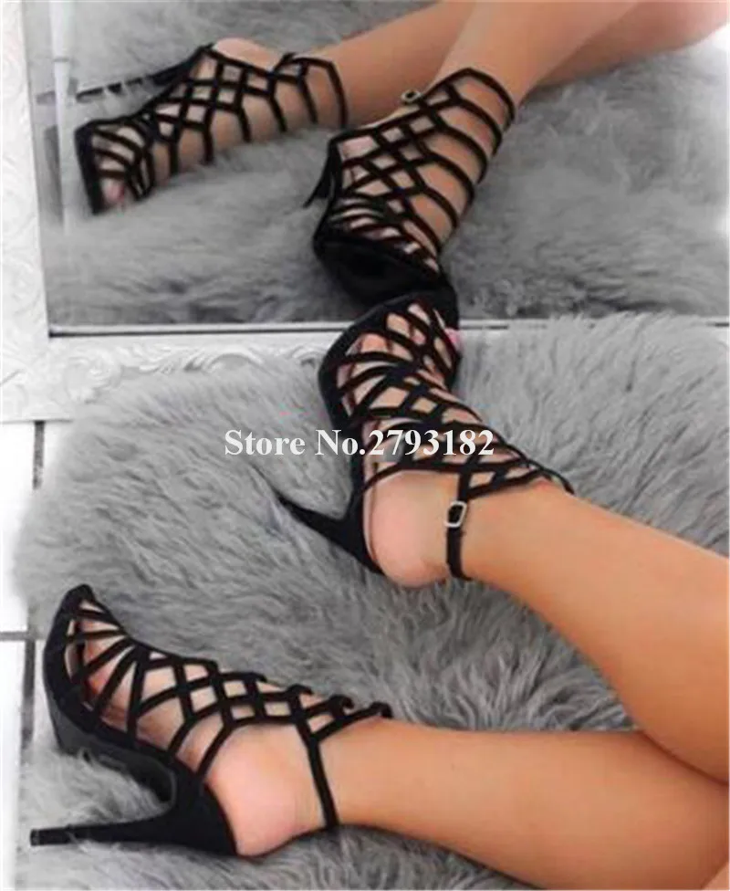 Brand Design Women Fashion Open Toe Suede Leather Stiletto Heel Gladiator Sandals Blue Red Cut-out High Heel Sandals Dress Shoes