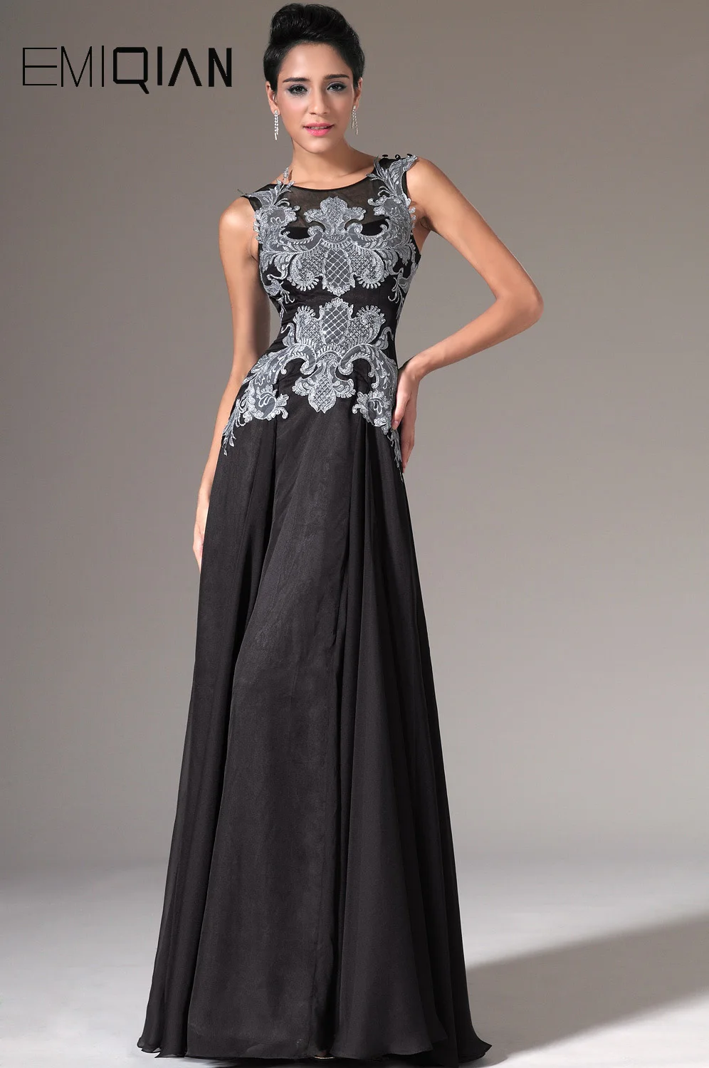 A Line O Neck Floor Length Black Chiffon Evening Dress Silver Lace Appliqued Long Formal Gown