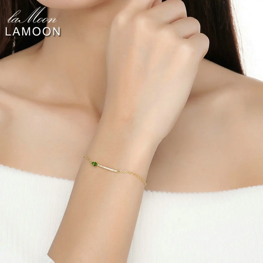 LAMOON 925 Sterling Silver Bracelet Woman Green Diopside Gemstone Bracelet 14K Gold Plated Fine Jewelry Minimalist Style LMHI041