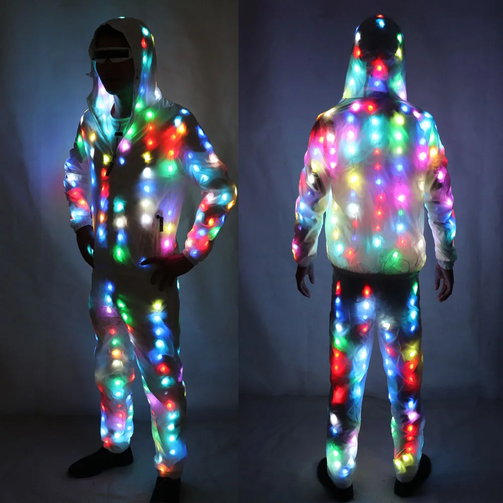 Kolorowe świecące diody LED kostiumowe ubrania taniec LED rosnące oświetlenie robot garnitury odzież ze spodniami zestaw dla par Event Party Suppli